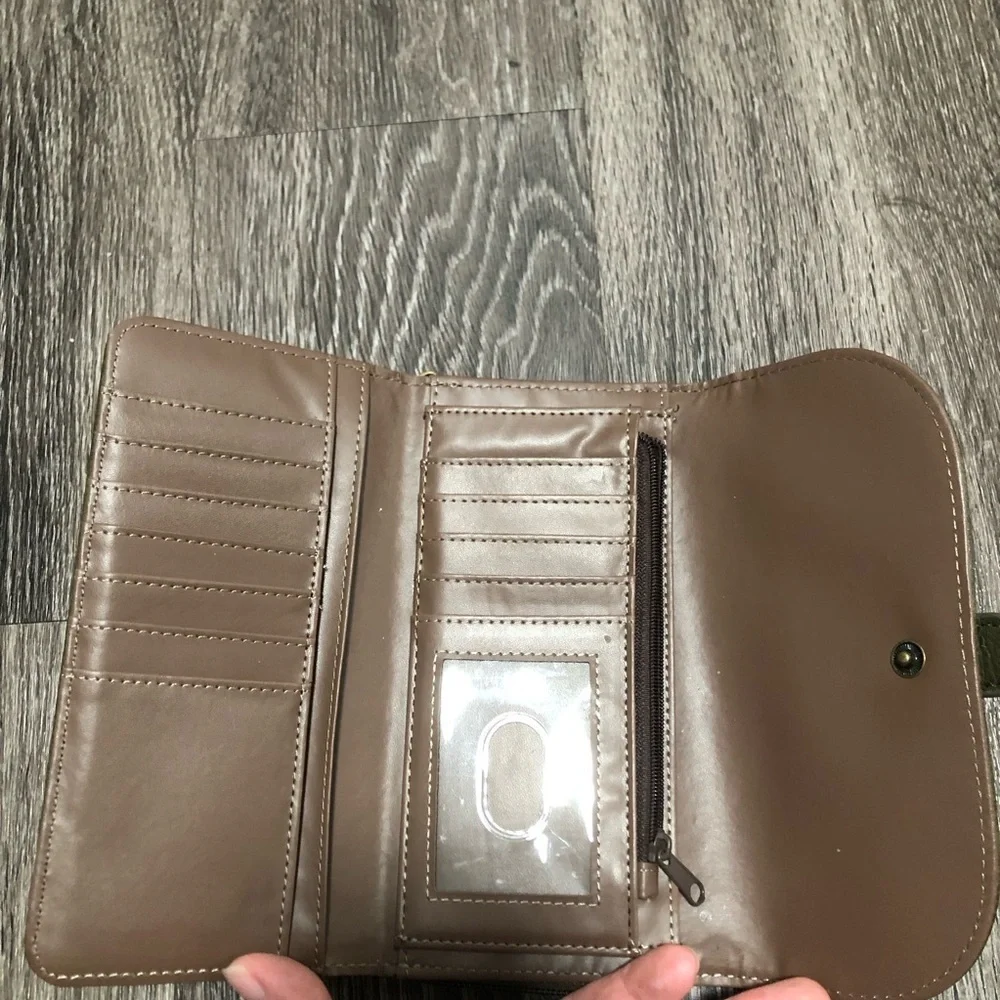 b.o.c. Born Concept OliveGreen Vegan Leather Whipstitch Trifold Organizer Wallet